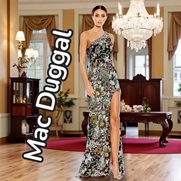 Mac Duggal Black, Silver and Pink Floral Sequin, Backless Cutout Dress - Picture 1 of 8